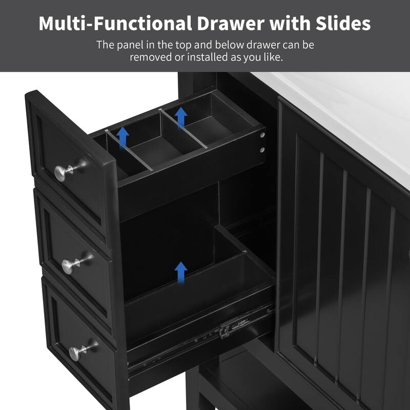 36-Inch Bathroom Vanity with Ceramic Sink - Solid Wood Frame, 3 Drawers, 1 Cabinet & Shelf - Modern Freestanding Design