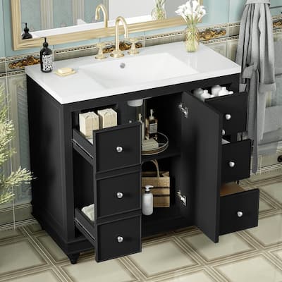 Modern 36-Inch Bathroom Vanity with Resin Integrated Sink, 4 Storage Drawers & Soft-Close Door