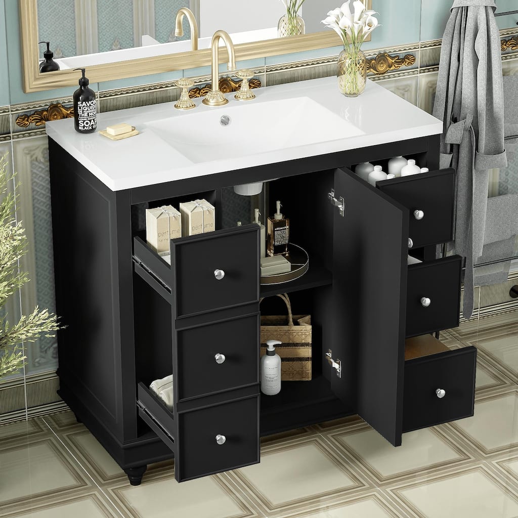Modern 36-Inch Bathroom Vanity with Resin Integrated Sink, 4 Storage Drawers & Soft-Close Door