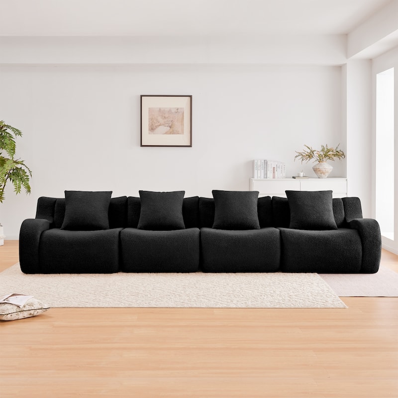 118" Teddy Fabric Boneless Couch, Upholstered 4-Seat Sofa with Curved Armrests, Modular Deep Seat Sofa, No Assembly Required