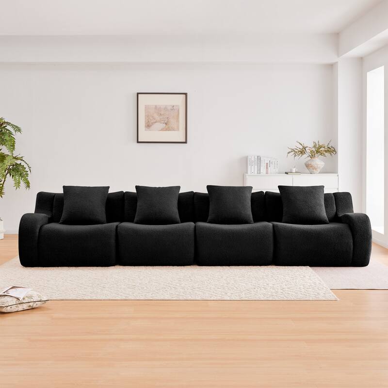 Roomfitters 4-Seat Teddy Fabric Boneless Sofa, No Assembly Modular Couch with 32D Sponge - Black