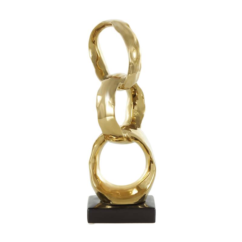 Ceramic Interlocked Ring Abstract Decorative Sculpture with Black Base - Silver or Gold - Gold
