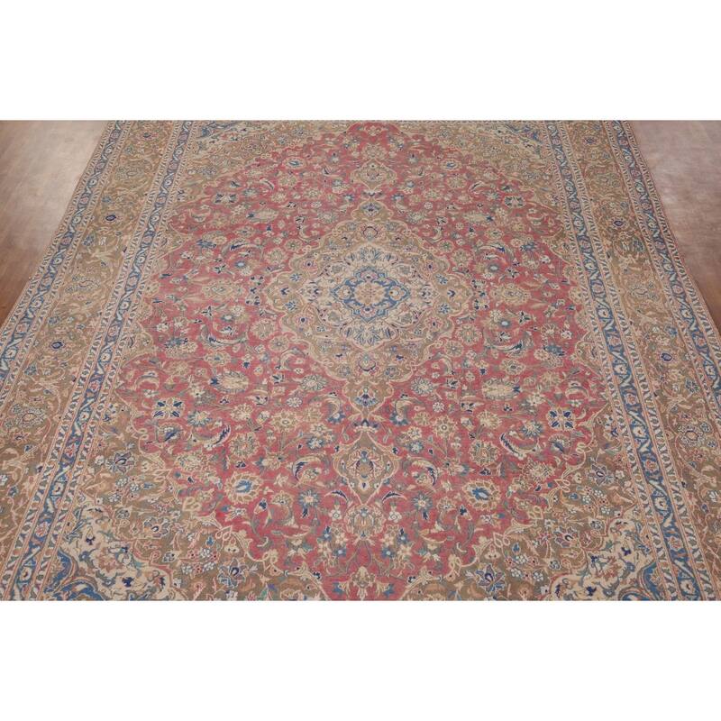 Traditional Pink Mashad Persian Vintage Rug Hand-Knotted Wool Carpet - 9'4" x 12'5"