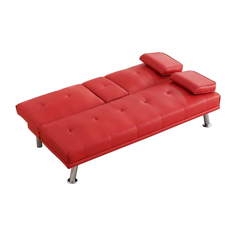 Adjustable Loveseat Couch PU Leather Sleeper Sofa Bed w/ Folding Table