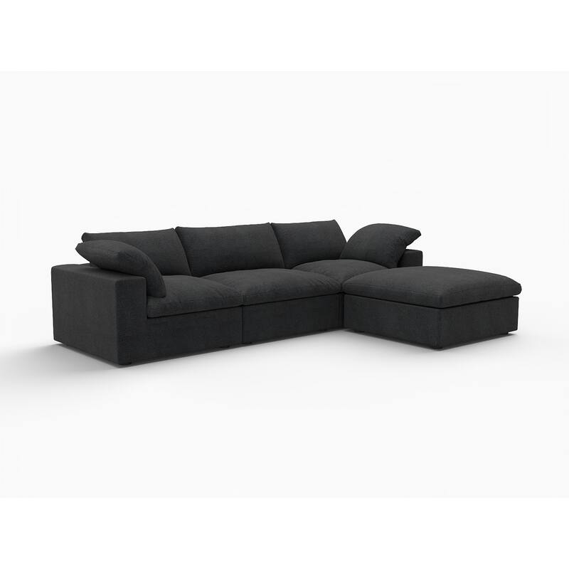 HomeRoots 120" Black Linen Blend Modular Wood Sofa With Ottoman And Storage