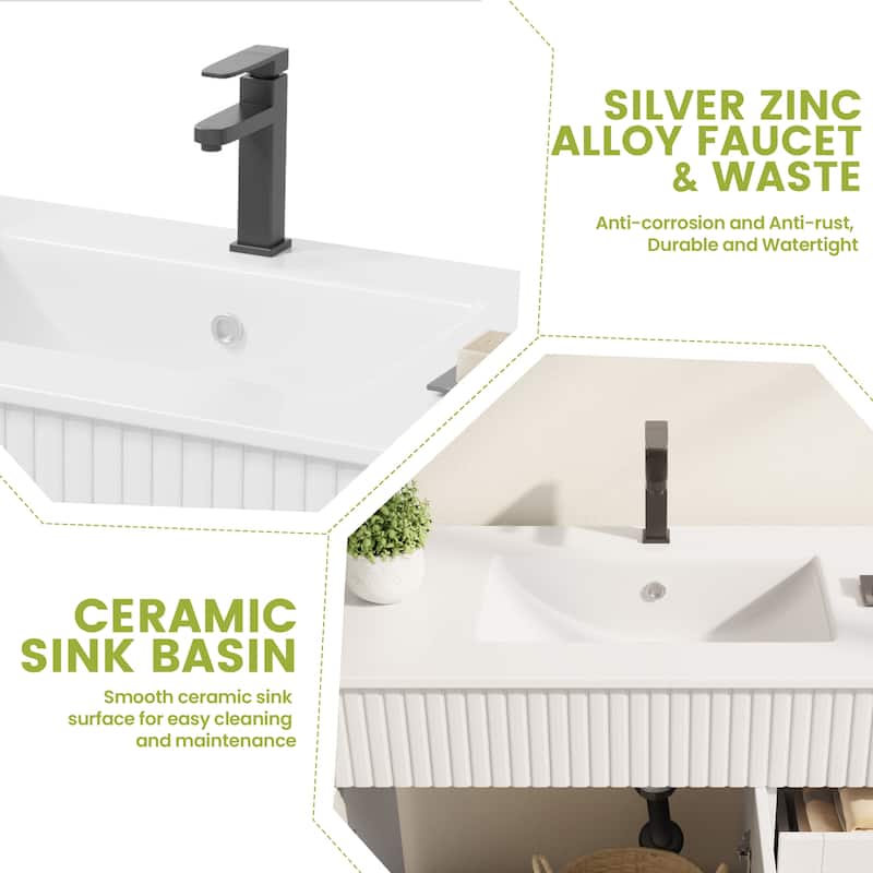 EROMMY Bathroom Vanity with Sink and Faucet, Freestanding Vanity Cabinet with Drawers & Doors, White Ceramic Top