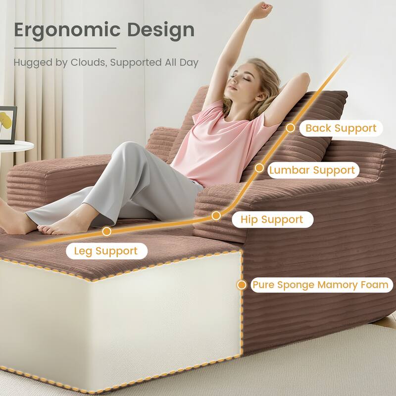 67" Oversized Chaise Lounge Chair Sofa Bed With Corduroy Upholstery, Large Corduroy Floor Sofa With Pillows