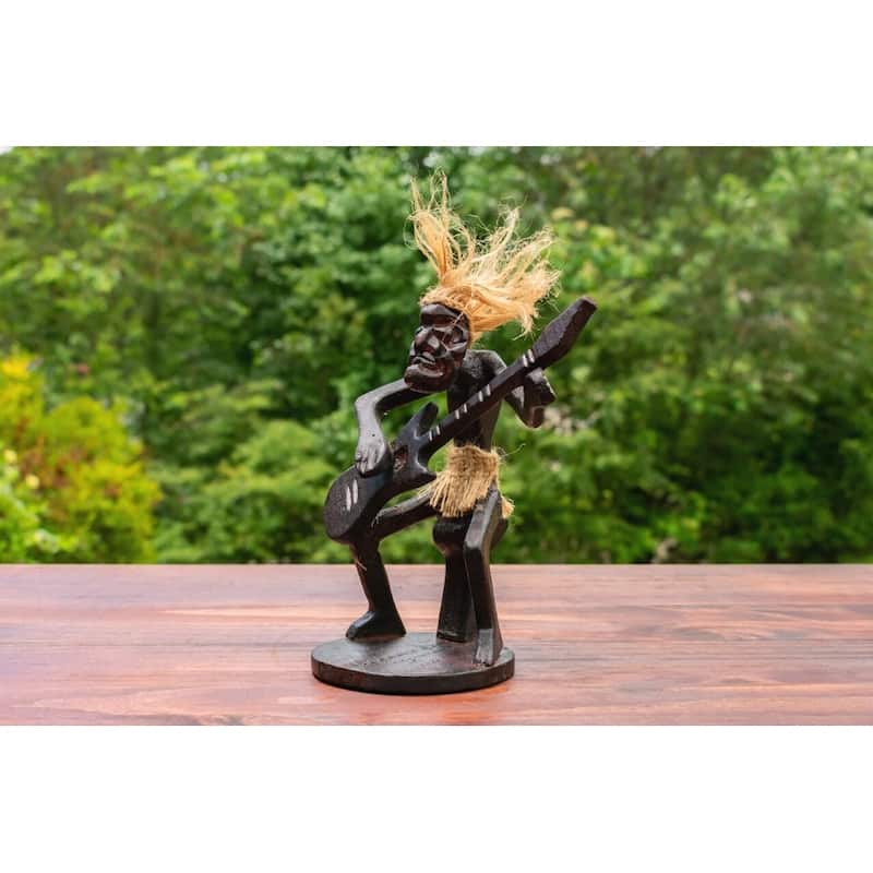 Handmade Wooden Primitive Guitarist Tribal Funny Statue Sculpture Tiki Bar Handcrafted Gift Decor Figurine Hand Carved