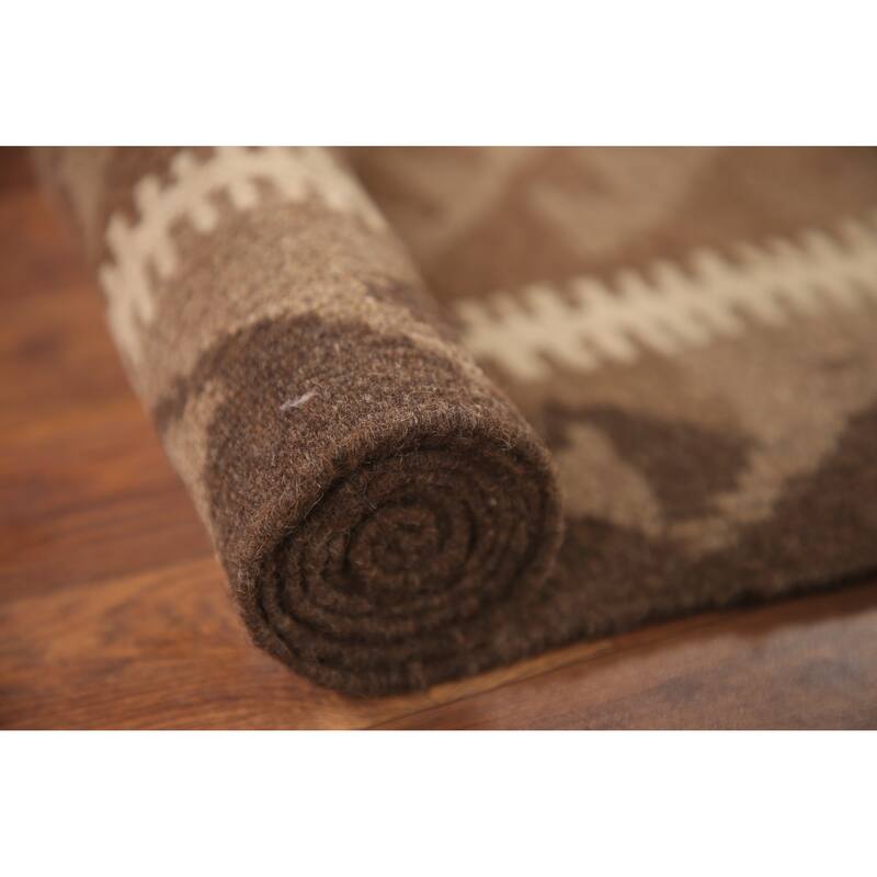 Geometric Kilim Oriental Runner Rug Flat-weave Brown Wool Carpet - 3'5" x 6'7"