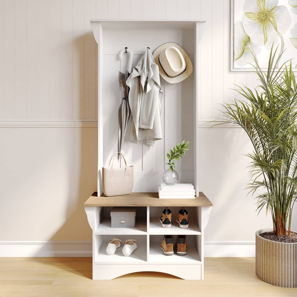 3 Hook Hallway Tree with Divided Under Bench Storage