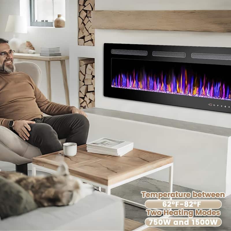 BOSSIN Electric Fireplace Wall Mounted and Recessed with Remote Control, 750/1500W Ultra-Thin Wall Fireplace Heater, Low Noise