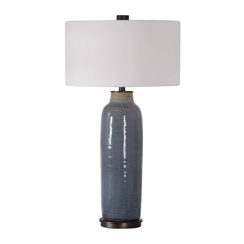 Glossy Handcrafted Table Lamp with White Drum Shade - 33.5" - Blue