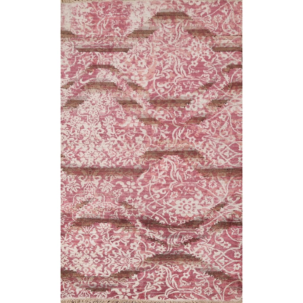 Abstract Oriental Accent Rug Handmade Pink Wool Carpet - 2'8"x 4'10"
