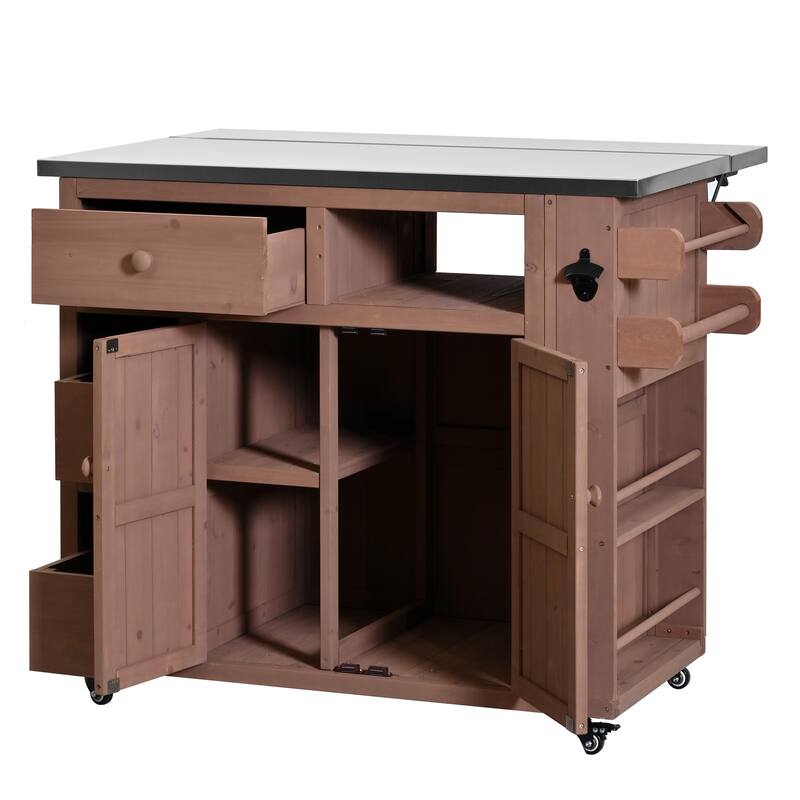 Extendable 41.9" Outdoor Kitchen Island with Stainless Steel Top and Side Spice Rack, Kitchen Cart with Drawers, Storage Cabinet