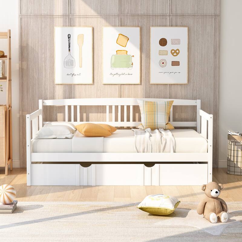 Multifunctional Twin Daybed with Trundle, Solid Wood Frame for Bedroom or Living Room - White