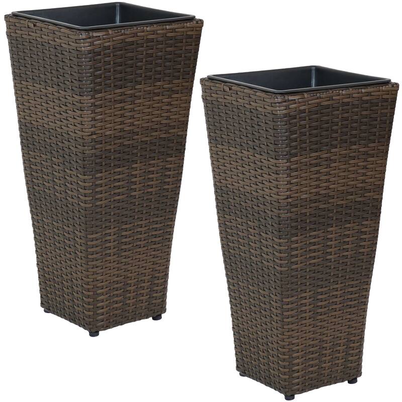 Sunnydaze Tall Square Brown Polyrattan Planter - 24-Inch - Set of 2 - 24-Inch Tall