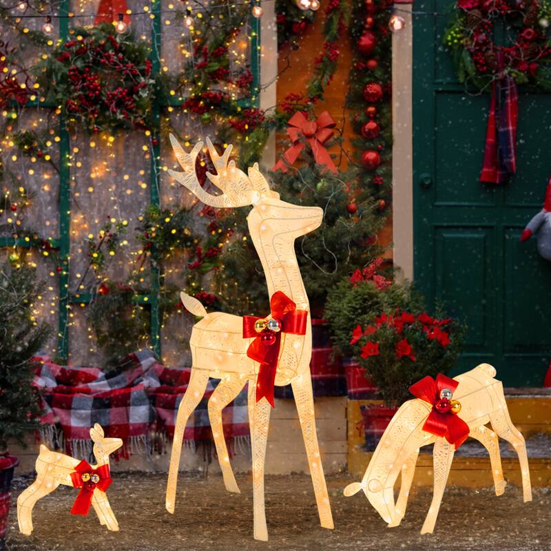 Gymax 3-Piece Reindeer Family Set w/ LED Lights Christmas Deer - Christmas Light Projectors