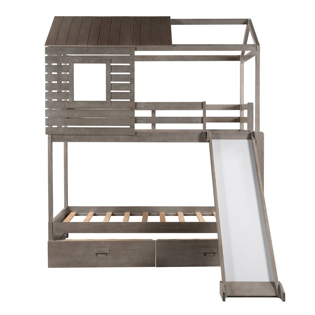 Hailey Twin Over Twin Bunk Bed with Drawers and Slide in AntiqueGray