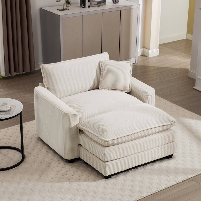 Corduroy Fabric Deep Seat Sofa with Ottoman, Single Deep Seat Accent Sofa Chair with Pillow for Livingroom