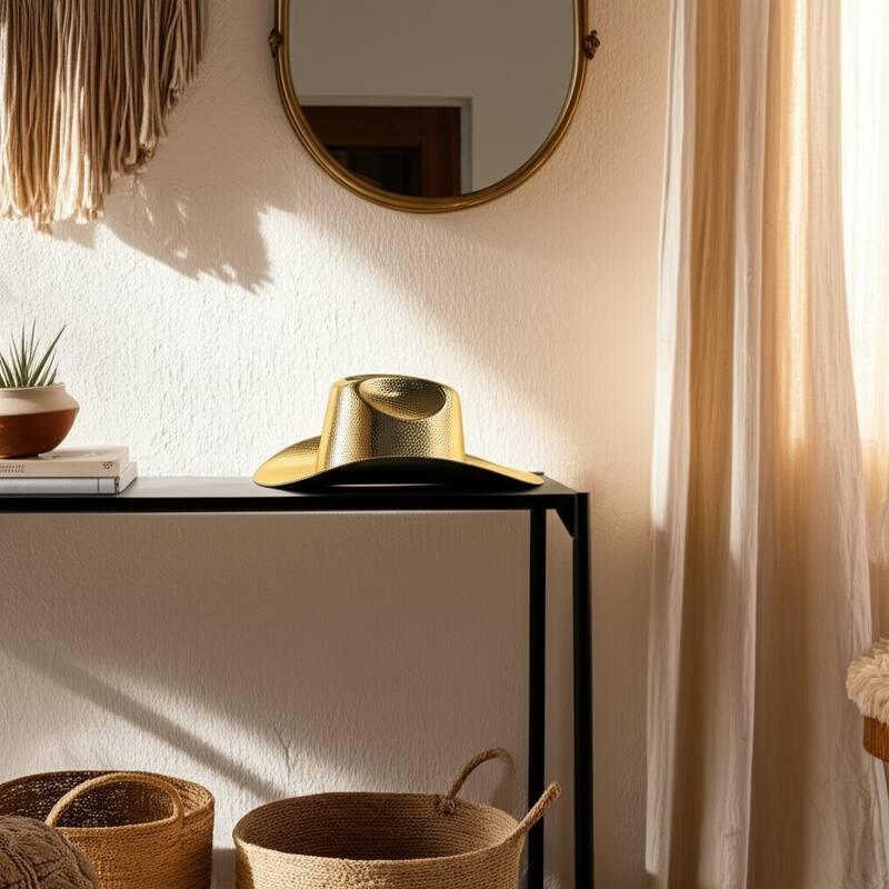 Aluminum Cast Decorative Object Cowboy Hat Design Glam Style - 3" Gold - 8" x 7" x 2.75"