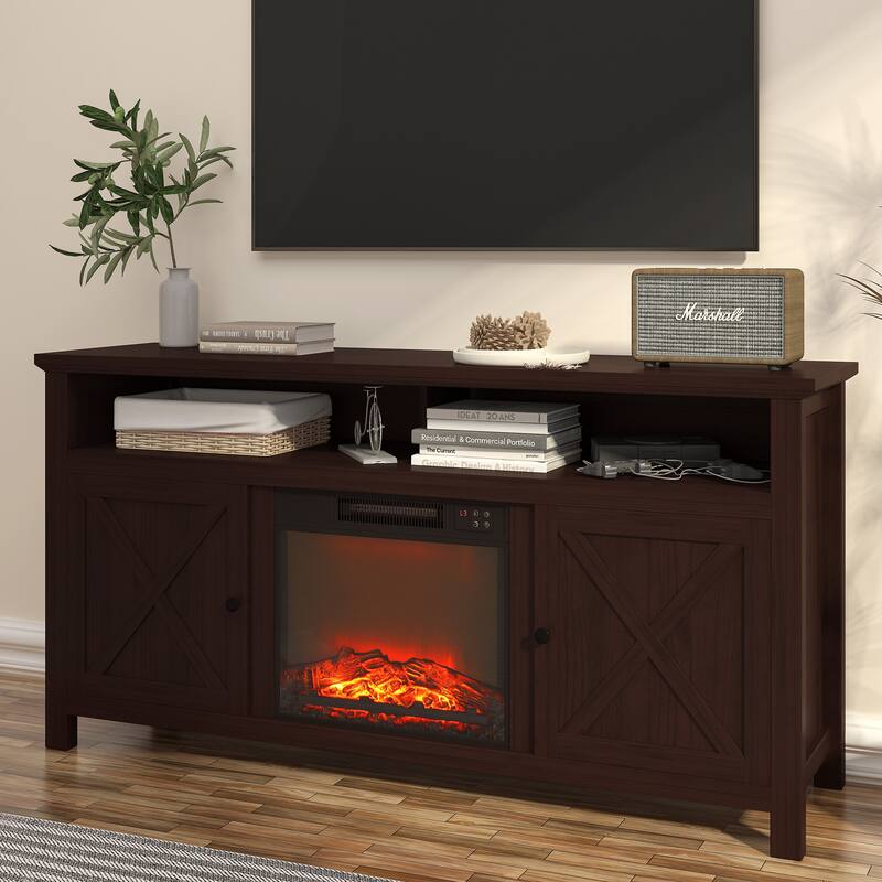 Clihome 58" Wood Fireplace TV Stand with 18" Electric Fireplace - Brown