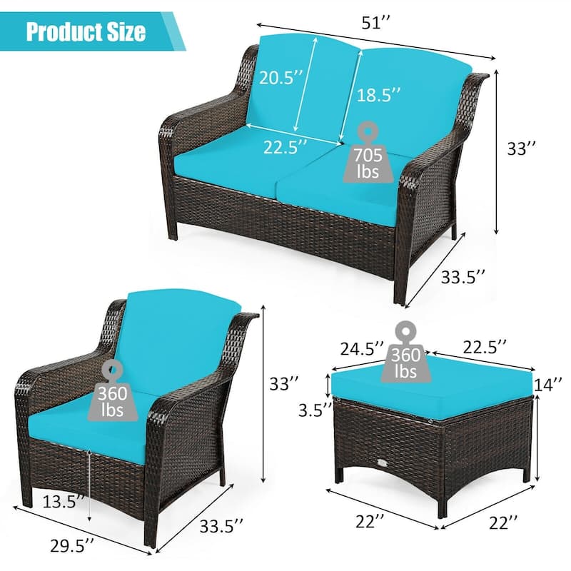 5 Pieces Patio Rattan Sofa Set with Cushion and Ottoman - 51" x 33.5" x 33" (L x W x H)