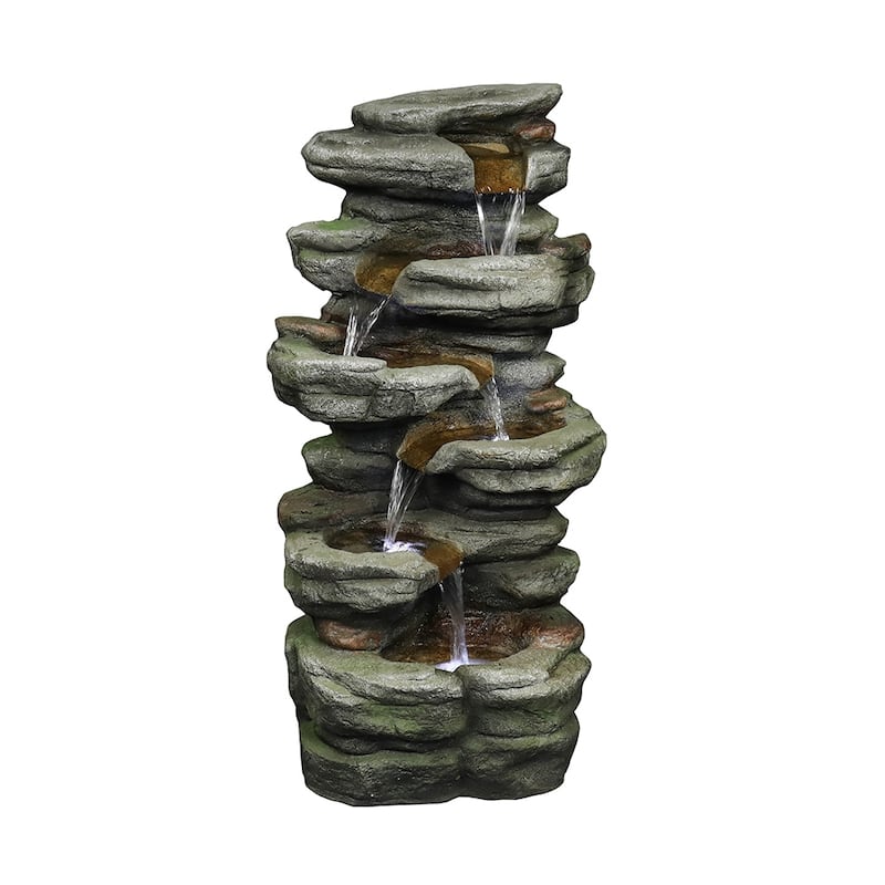 Rock Falls Outdoor Water Fountain w/LED Lights Water Feature for Patio
