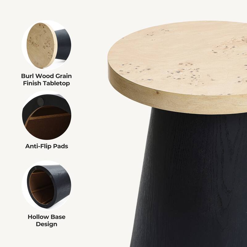 Light Wood Finish Top with Black Base Manufactured Wood Round Side Table - 18.9" H x 17.7" Diameter