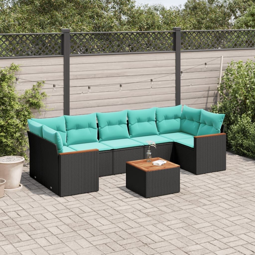 vidaXL 8 Piece Patio Sofa Set with Cushions Black Poly Rattan - 113.8x33.5x112.6