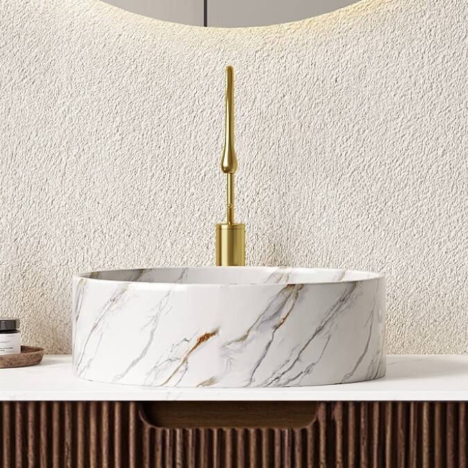 14" Bathroom Round Ceramic Sink with Stone Pattern, No Faucet