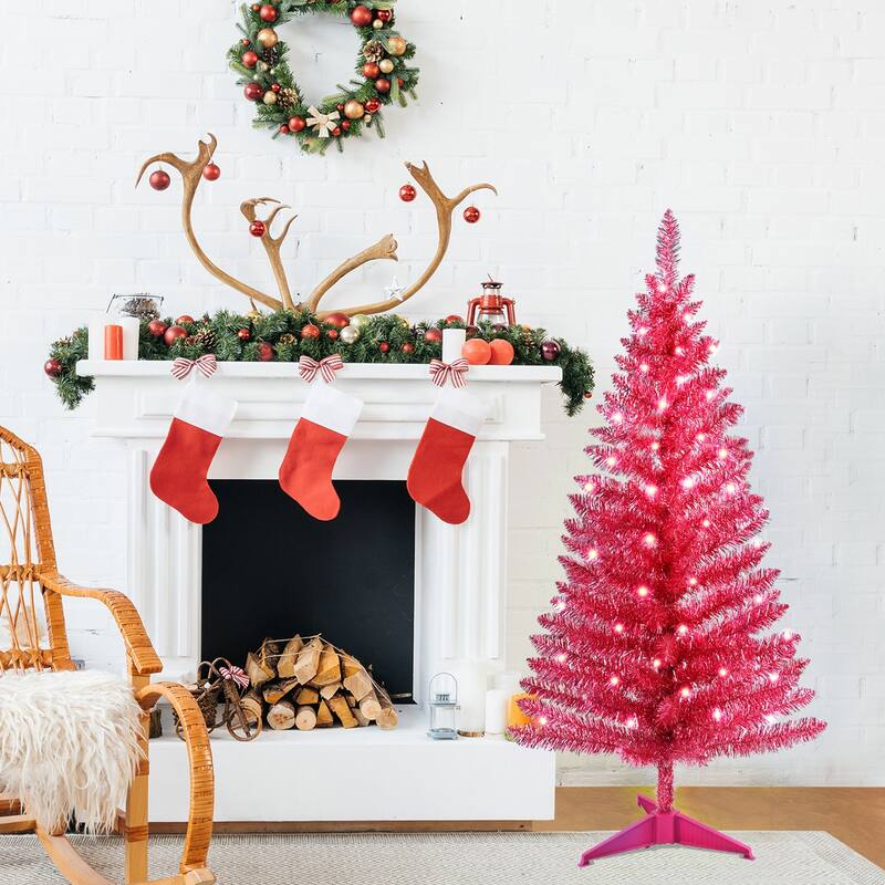 4FT Red Christmas Tree with 50 UL Lights, 122 PVC Tips - Prelit Artificial Holiday Tree for Indoor Decoration - Red