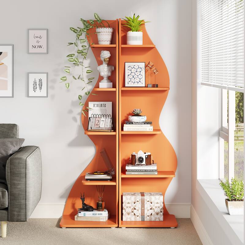Modern Wood Corner Shelf, 5-Tier Bookshelf Bookcase for Living Room