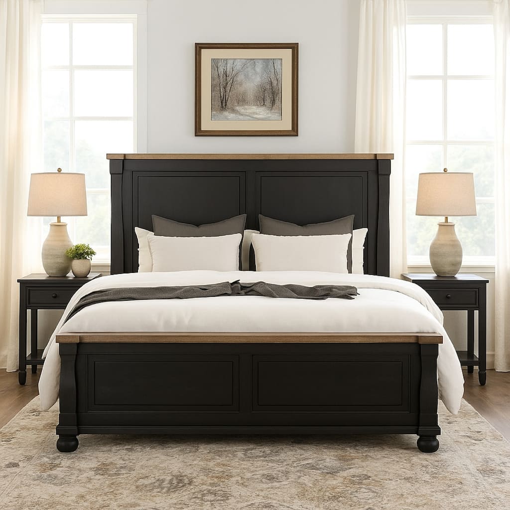 Ginie King Bed, Tall Headboard, Farmhouse Legs, Black Oak Brown Oak