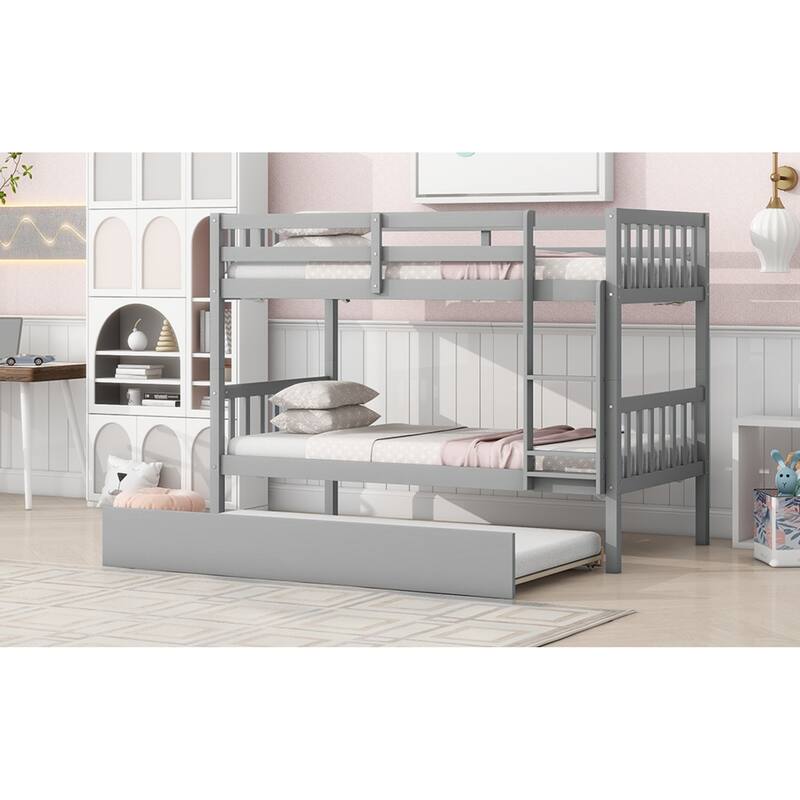 Roomfitters Twin Over Twin Rubber Wood Bunk Bed with Trundle, Convertible to Two Twin Beds, Ladder and Guardrails