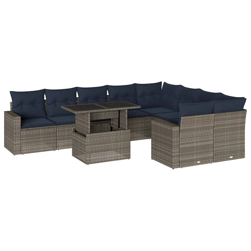 vidaXL 10 Piece Patio Sofa Set with Cushions Black/Brown/Gray Poly Rattan - 24.4 x 24.4 x 27.2