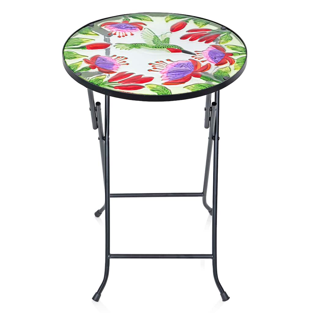 14" Folding Glass Round Table with Flowers and Hummingbirds