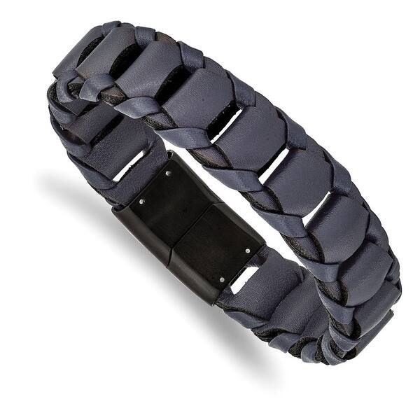 slide 1 of 3, Chisel Stainless Steel Brushed Black IP-plated Blue Leather 8.5 Inch Bracelet