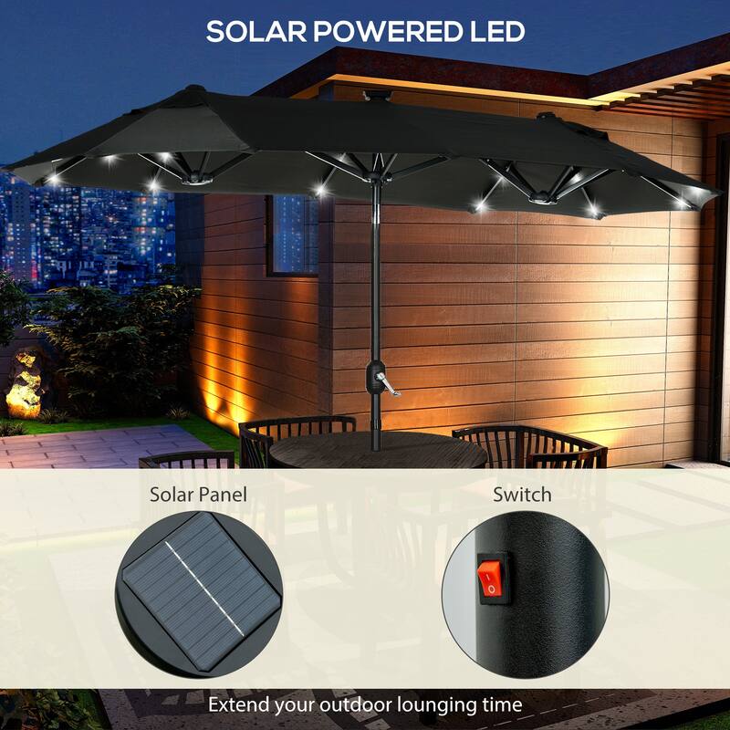 Outsunny Double-sided Patio Umbrella with Solar Lights and Sandbag Base, Outdoor Table Umbrella with Push Button Tilt, Crank