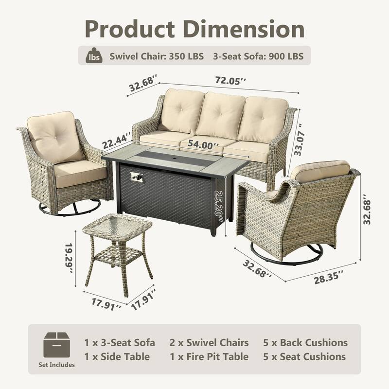HOOOWOOO 5-piece Rattan Outdoor Patio High Back Swivel Chair Set with 54"Fire Pit