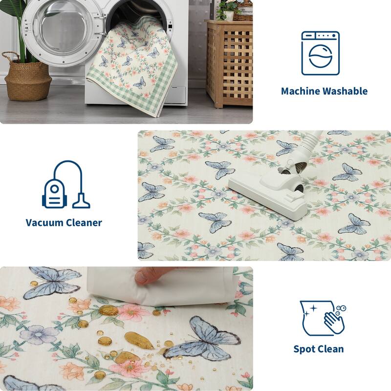 Butterfly Pattern Rugs for Living Room, Modern Floral Area Rug, Washable Border Plaid Non Slip Floor Carpet