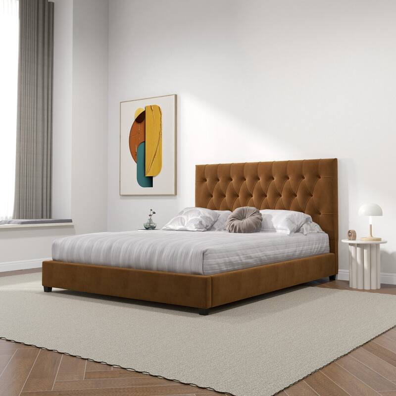 Donald Mid Century Modern Cognac Velvet Platform Bed