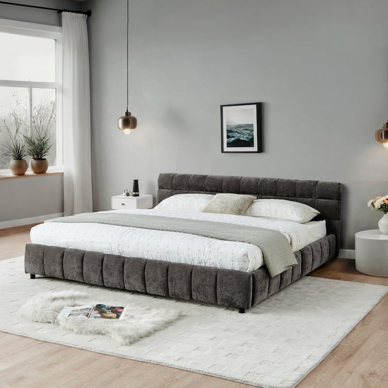 King Size Chenille Fabric Upholstered Bed with Headboard and Drawer for Storage