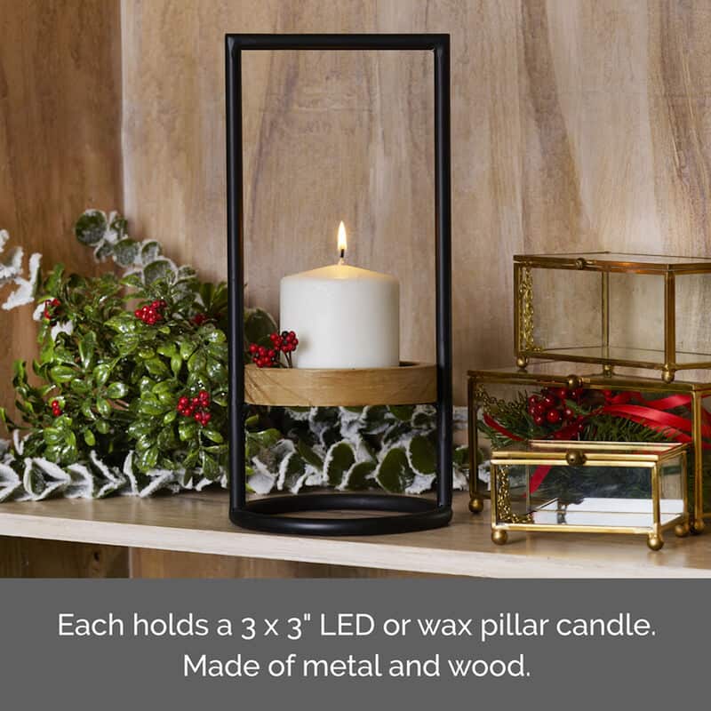 Elements Metal and Wood Tea Light Holder, 12 Inch