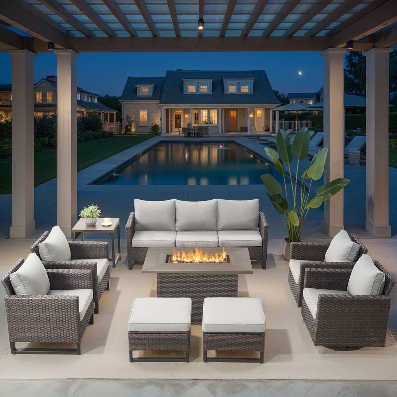 Outdoor Fire Pit Table with Patio Funiture - Brwon Wicker Beige Cushion - 9PCS Sofa Chair Ottoman w/ Fire Table