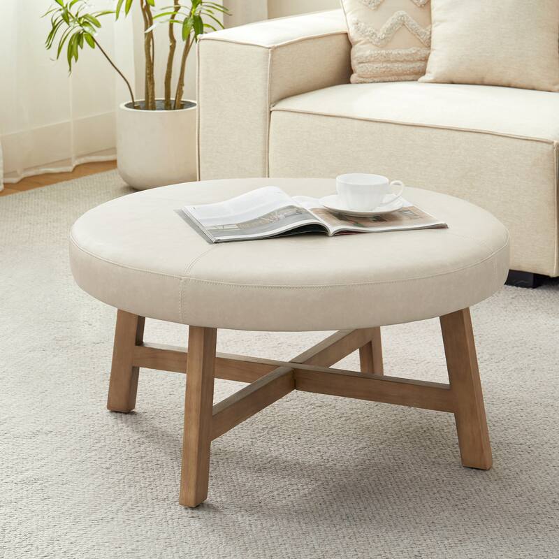 Round Upholstered Coffee Table with Solid Wood Base, Modern Fabric Ottoman Table for Living Room