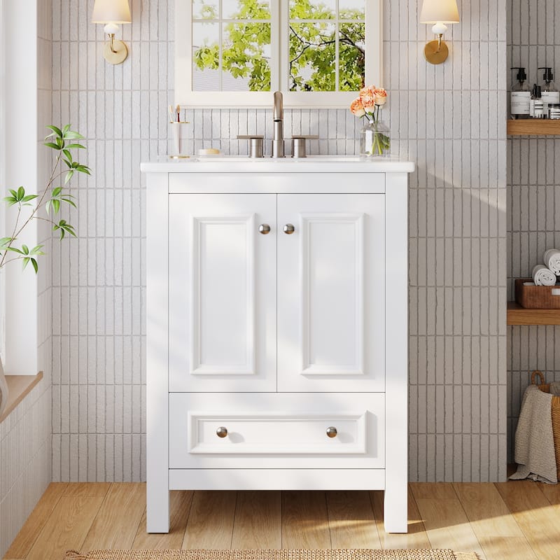 Bathroom Vanity with Sink, Solid Wood Frame Freestanding Vanity with Door Organizer and Drawer - White - 24 In