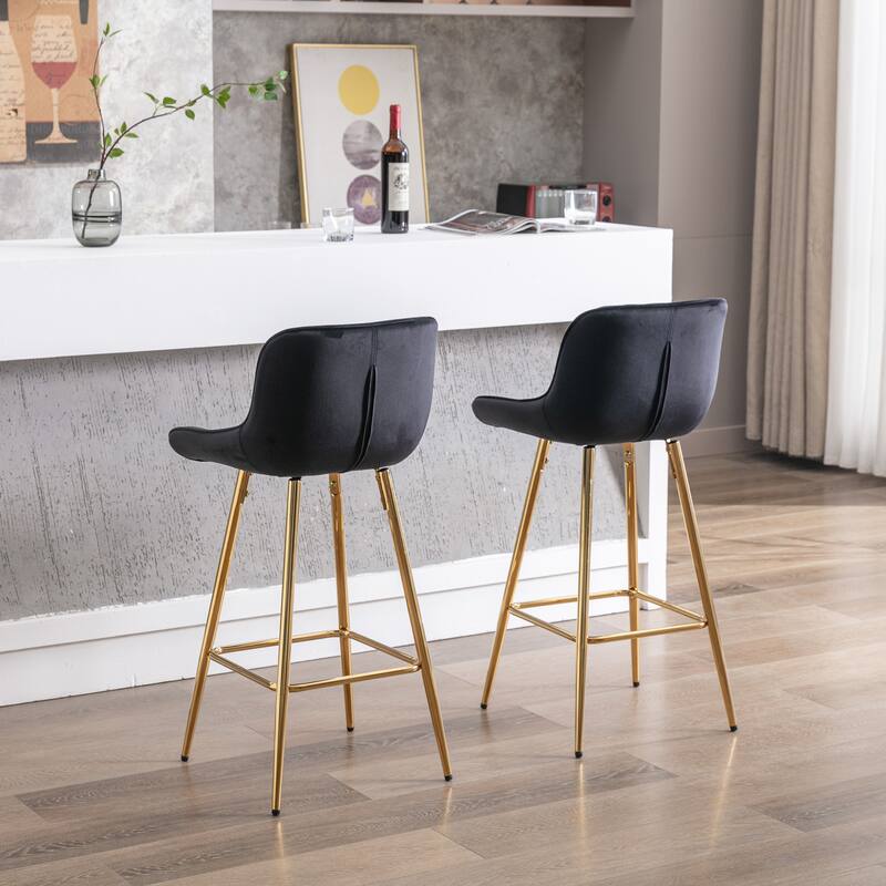 2 Bar Stools with Chrome Footrest Velvet Fabric Counter Stool Golden Leg Simple Bar Stool - N/A - Black
