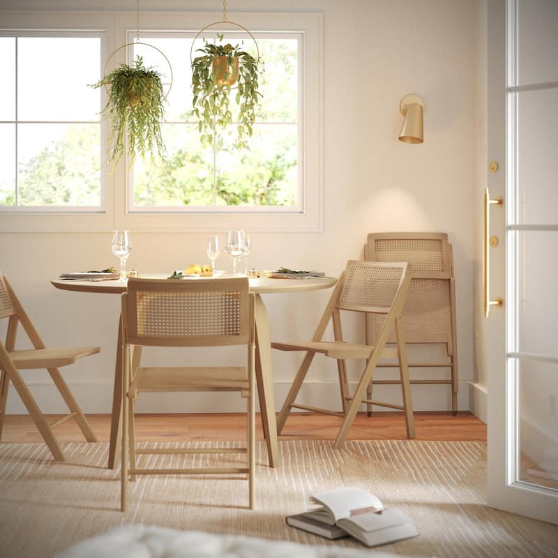 2 Pack Commercial Cane Rattan Folding Chairs - Wood Backs and Seats - Natural