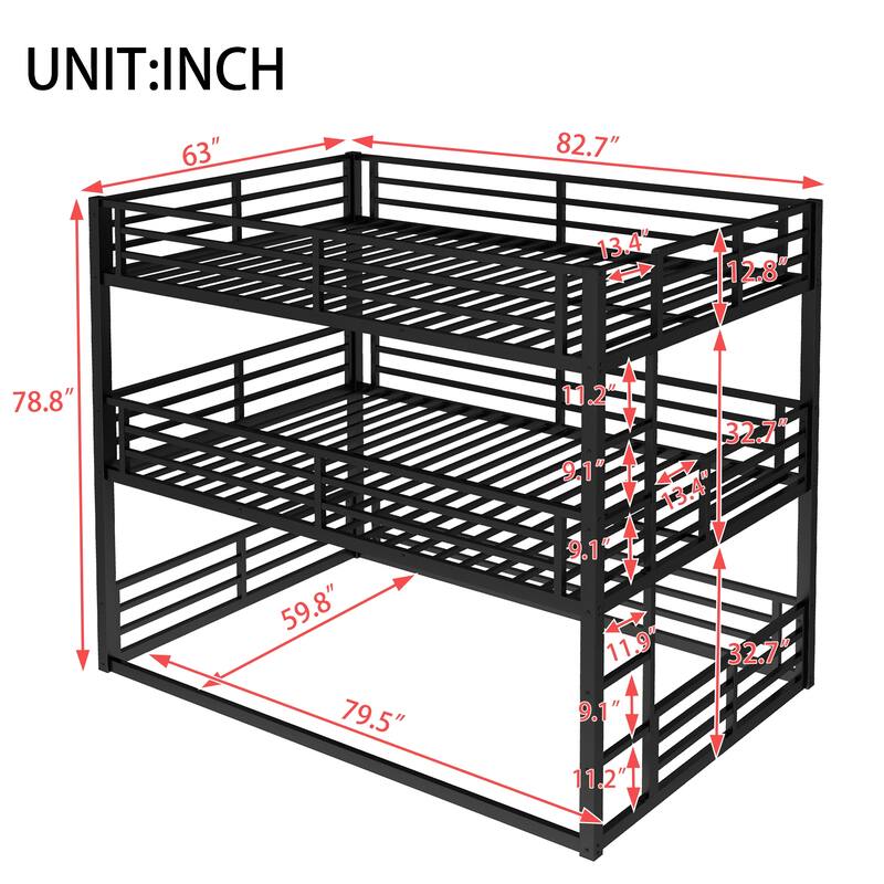 Heavy Duty Metal Bunk Bed Frame, Triple Floor Bunk Bed, Metal Triple Bunk Bed Frame with Safety Guardrails