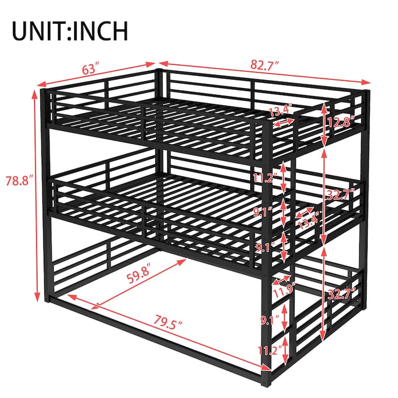 Roomfitters Twin/Full/ Queen Metal Triple Bunk Bed with Safety Guardrails, Heavy-Duty Noise-Reduced Frame, Black